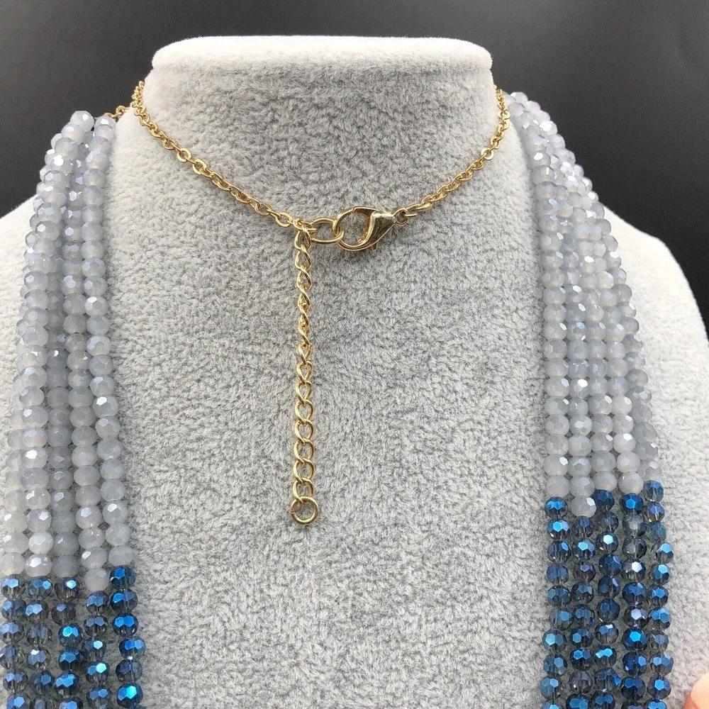 Glass Multi Strand Necklace Long Ombre Blue AB Faceted Bead Boho Gold Tone Chain